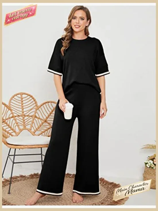 Knit Lounge Set Short Sleeve Pullover Elastic Waist Wide Leg Pants Y2K - Picture 5 of 7